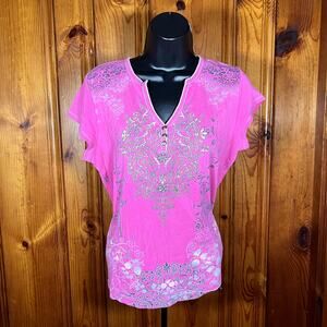 Blue Canyon Clothing M Pink Y2K Henley Top Rhinestone Floral Scroll Cap Sleeve
